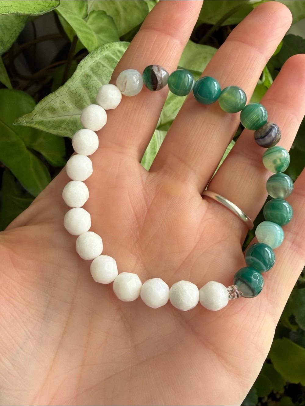 Handmade Green Agate & White Jade Beaded Stretch Bracelet. Medium Sized